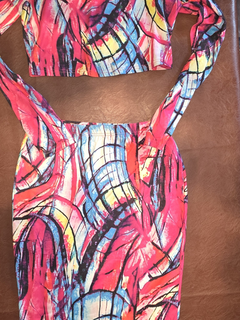 Vibrant Pink Abstract Print Women's Crop Top and Skirt Set